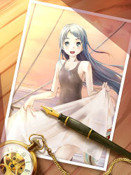 Rule 34 | 10s, 1girl, blue eyes, blue hair, cloud, nib pen (object), ink pen, kantai collection, long hair, matching hair/eyes, ocean, one-piece swimsuit, pen, personification, photo (object), pocket watch, ponytail, samidare (kancolle), sky, smile, solo, swimsuit, very long hair, watch, yoshikattyu