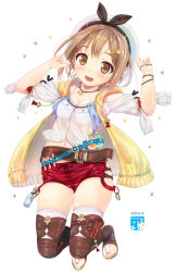 Rule 34 | 1girl, :d, artist logo, atelier (series), atelier ryza, atelier ryza 1, bare shoulders, belt, belt buckle, beret, black ribbon, blue belt, blush, boots, breasts, bridal legwear, brown belt, brown eyes, brown footwear, brown thighhighs, buckle, cleavage, collarbone, commentary request, fingernails, flask, gluteal fold, hair ornament, hairclip, hands up, hat, head tilt, highres, jewelry, kisaragi miyu, light brown hair, navel, necklace, open mouth, puffy short sleeves, puffy sleeves, red shorts, reisalin stout, ribbon, round-bottom flask, shirt, short shorts, short sleeves, shorts, signature, simple background, small breasts, smile, solo, sparkle, star (symbol), star necklace, thigh boots, thighhighs, thighs, toeless footwear, toenails, toes, vial, white background, white hat, white shirt, white thighhighs