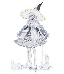 Rule 34 | 1girl, absurdres, bare shoulders, black choker, black eyes, black hat, braid, breasts, choker, closed mouth, collarbone, commentary, creature, dress, flower, frilled choker, frilled dress, frills, grey footwear, hair between eyes, hat, hat flower, high heels, highres, hoshi rousoku, long hair, long sleeves, looking at viewer, off shoulder, original, simple background, sleeves past wrists, small breasts, solo, white background, white dress, white hair, white hat, witch, witch hat, yellow flower