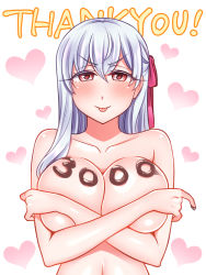 Rule 34 | 1girl, :p, blush, breast hold, breasts, chocolate, chocolate making, chocolate on body, chocolate on breasts, chocolate on hand, covering privates, covering breasts, crossed arms, fate/grand order, fate (series), food on body, food on hand, kama (fate), large breasts, long hair, looking at viewer, naughty face, navel, nude, pink ribbon, red eyes, ribbon, silver hair, smile, solo, thank you, tongue, tongue out, upper body, yakisobapan tarou &amp; negitoro-ko