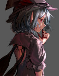 Rule 34 | 1girl, back cutout, bat wings, blood on hands, blue hair, clothing cutout, dress, fingernails, grey background, hat, highres, hizagawa rau, licking, licking finger, long fingernails, mob cap, pink dress, pink hat, profile, puffy short sleeves, puffy sleeves, red hair, remilia scarlet, sharp fingernails, short hair, short sleeves, simple background, sketch, slit pupils, solo, touhou, upper body, vampire, wings