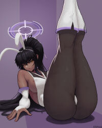 Rule 34 | 1girl, absurdres, animal ears, areola slip, ass, bare shoulders, black hair, blue archive, blush, breasts, covered erect nipples, crossed bangs, dark-skinned female, dark skin, elbow gloves, fake animal ears, feet out of frame, fingerless gloves, gloves, hair between eyes, halo, highres, karin (blue archive), large breasts, legs up, leotard, long hair, looking at viewer, lying, on back, pantyhose, parted lips, ponytail, rabbit ears, sideboob, solo, stopu, thick thighs, thighs, twitter username, very long hair, white footwear, white leotard, yellow eyes