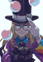 Rule 34 | 1boy, ascot, asymmetrical gloves, avery (pokemon), bad id, bad pixiv id, black ascot, black hat, blonde hair, blue eyes, commentary request, creatures (company), floating, floating object, game freak, glasses, gloves, hands up, hat, highres, komame (st beans), long hair, looking at viewer, male focus, mismatched gloves, nintendo, parted lips, poke ball, poke ball (basic), pokemon, pokemon swsh, round eyewear, shirt, smile, solo, telekinesis, top hat