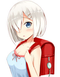 Rule 34 | 10s, 1girl, aged down, aikawa ryou, backpack, bag, blue eyes, blush, breasts, camisole, cleavage, collarbone, commentary, covered erect nipples, crime prevention buzzer, hair ornament, hair over one eye, hairclip, hamakaze (kancolle), highres, holding strap, kantai collection, large breasts, looking at viewer, open mouth, randoseru, red ribbon, ribbon, short hair, silver hair, simple background, solo, white background