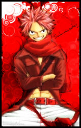 Rule 34 | 1boy, abs, belt, crossed arms, fairy tail, grin, jacket, male focus, muscular, natsu dragneel, pants, pink hair, scarf, sitting, smile, solo, spread legs, tagme, white pants
