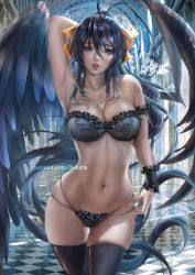 Rule 34 | 1girl, angel wings, antenna hair, arm behind head, arm up, armpits, asymmetrical wings, black bra, black hair, black panties, black thighhighs, black wings, bra, breasts, cleavage, demon wings, donyta, feathered wings, feathers, female focus, hair ribbon, hallway, high ceiling, high school dxd, himejima akeno, large breasts, legs together, lingerie, long hair, looking at viewer, midriff, mismatched wings, navel, open mouth, panties, parted lips, patreon username, ponytail, purple eyes, ribbon, skindentation, solo, standing, strapless, strapless bra, thigh gap, thighhighs, thong, tongue, underwear, underwear only, watermark, web address, wings, yellow ribbon