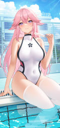 Rule 34 | 1girl, absurdres, alternate costume, bare arms, bare shoulders, blush, breasts, covered navel, crossed bangs, duplicate, food, fukuro daizi, genshin impact, highres, large breasts, long hair, looking at viewer, one-piece swimsuit, outdoors, parted lips, partially submerged, pink hair, pixel-perfect duplicate, pool, popsicle, purple eyes, sitting, smile, swimsuit, thighhighs, thighs, white one-piece swimsuit, white thighhighs, yae miko