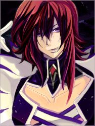 Rule 34 | 1boy, choker, coat, collar, creed graphite, gloves, grin, open mouth, purple background, purple eyes, red hair, short hair, smile, tales of (series), tales of hearts