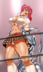 Rule 34 | abs, artist request, belt, blue eyes, boots, bowalia, breasts, candy cane (rumble roses), choker, cleavage, front-tie shirt, front-tie top, green eyes, medium breasts, midriff, muscular, muscular female, one eye closed, open mouth, panties, plaid, plaid skirt, red hair, rumble roses, school uniform, skirt, tagme, toned, twintails, underwear, white panties, wince, wrestling ring