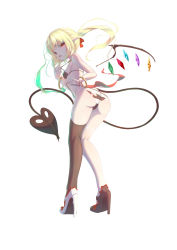 Rule 34 | 1girl, absurdres, ass, asymmetrical footwear, asymmetrical legwear, bare arms, bare shoulders, bikini, black bikini, black footwear, black thighhighs, blonde hair, breasts, fang, flandre scarlet, frilled bikini, frills, from behind, full body, hair ribbon, high heels, highres, laevatein (tail), long hair, looking at viewer, looking back, mismatched footwear, mismatched legwear, pointy ears, ponytail, red eyes, red ribbon, ribbon, seelehan, shoes, side ponytail, simple background, single thighhigh, skin fang, small breasts, solo, standing, string bikini, striped bikini, striped clothes, swimsuit, tail, thighhighs, torn clothes, touhou, white background, white footwear, white thighhighs, wings
