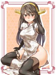 Rule 34 | 10s, 1girl, abo (hechouchou), absurdres, alternate costume, armpit peek, black footwear, black gloves, blush, boots, breasts, brown eyes, brown hair, china dress, chinese clothes, dress, elbow gloves, female focus, gloves, hair ornament, hairband, hairclip, haruna (kancolle), highres, kantai collection, large breasts, long hair, looking at viewer, no panties, pelvic curtain, side slit, sitting, smile, solo, thigh boots, thighhighs