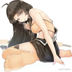 Rule 34 | 10s, 1girl, ahoge, bandeau, bare shoulders, black hair, blush, breasts, brown eyes, brown thighhighs, feet, hair ribbon, japanese clothes, kantai collection, large breasts, long hair, looking at viewer, miniskirt, no shoes, open mouth, orange thighhighs, pleated skirt, ribbon, shouhou (kancolle), simple background, sitting, skirt, soles, solo, sts, thighhighs, toes, wariza, wet, white background
