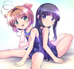 Rule 34 | 2girls, bare shoulders, blue eyes, blue one-piece swimsuit, cardcaptor sakura, closed mouth, commentary request, daidouji tomoyo, flat chest, green eyes, highres, himehachi (hime8manga), kinomoto sakura, long hair, multiple girls, one-piece swimsuit, open mouth, orange hair, purple hair, school swimsuit, sitting, swimsuit, tagme, thighs