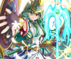 Rule 34 | 1girl, armor, armpits, athena (p&amp;d), fingerless gloves, foreshortening, gloves, green hair, helmet, highres, kazami chiu, long hair, mechanical wings, polearm, puzzle &amp; dragons, red eyes, sheath, sheathed, shield, smile, solo, spear, sword, weapon, wings