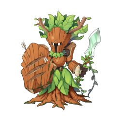 Rule 34 | arrow (projectile), branch, broken arrow, chibi, full body, holding, holding shield, holding sword, holding weapon, leaf, no humans, official art, plant, ragnarok online, scar, scar across eye, shield, simple background, solo, sword, transparent background, tree, weapon, wood, wood horns, wooden warrior, yuichirou