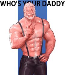Rule 34 | 1boy, abs, alternate costume, arm hair, bara, beard, blind, chest hair, dopey (dopq), english text, facial hair, hair slicked back, large pectorals, latex pants, male focus, mature male, meme, muscular, muscular male, mustache, navel, navel hair, nipples, old, old man, overwatch, overwatch 1, parody, pectorals, pointing, pointing at viewer, reinhardt (overwatch), scar, scar across eye, scar on face, short hair, smile, solo, stomach, suspenders, thick eyebrows, veins, white hair
