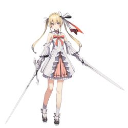 Rule 34 | 1girl, absurdres, blonde hair, bow, breasts, brown eyes, character request, closed mouth, collar, detached sleeves, dress, dress bow, dual wielding, footwear bow, full body, gloves, hair bow, highres, holding, holding sword, holding weapon, long hair, looking at viewer, mikisai, omoi no kasanaru rakuen no senjou. soshite futari wa buki wo totta, orange bow, platform footwear, pleated skirt, pleated sleeves, scrunchie, simple background, skirt, small breasts, smile, socks, solo, standing, strapless, strapless dress, sword, tachi-e, twintails, weapon, white background, white bow, white collar, white gloves, white skirt, white sleeves, white socks, wrist scrunchie