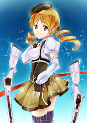 Rule 34 | 10s, 1girl, absurdres, beret, blonde hair, detached sleeves, drill hair, fingerless gloves, gloves, gun, hat, highres, magical musket, mahou shoujo madoka magica, mahou shoujo madoka magica (anime), mk, skirt, smile, solo, striped clothes, striped thighhighs, thighhighs, tomoe mami, vertical-striped clothes, vertical-striped thighhighs, watermark, weapon, yellow eyes