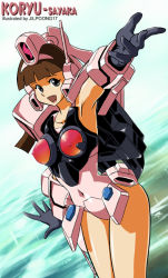 Rule 34 | 1girl, armpits, brown hair, cosplay, happy, jilpoong17, kouryu, looking at viewer, mazinger (series), mazinger z, mecha, open mouth, outstretched arm, outstretched hand, reaching, robot, smile, solo, yumi sayaka, yuusha ou gaogaigar, yuusha series