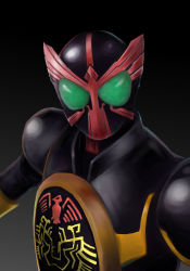 Rule 34 | 1boy, armor, black background, breastplate, green eyes, kamen rider, kamen rider ooo, kamen rider ooo (series), looking at viewer, m spark, male focus, simple background, solo, upper body