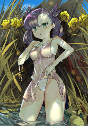 Rule 34 | 1girl, asymmetrical bangs, bare arms, black hair, blue eyes, blush, breasts, cleavage, clothes lift, commentary, creatures (company), dantahi01, day, dress, dress lift, eyelashes, flower, game freak, hand up, highres, lifting own clothes, looking at viewer, marnie (pokemon), nintendo, outdoors, panties, pink dress, pokemon, pokemon swsh, sky, solo, thighs, underwear, wading, water, wet, wet clothes, white panties, yellow flower