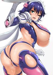 Rule 34 | 1girl, aqua eyes, ass, backless outfit, backless panties, blue hair, breasts, butt crack, commission, curvy, highres, iroha (samurai spirits), large breasts, long hair, looking at viewer, maid, nonoririn, one eye closed, open mouth, panties, purple legwear, samurai spirits, sideboob, simple background, solo, thong, underboob, underwear, wet, white background