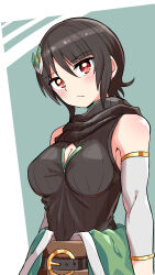Rule 34 | 1girl, belt, black belt, black hair, blunt bangs, breasts, cleavage, cleavage cutout, closed mouth, clothing cutout, commentary, cougar (cougar1404), elbow sleeve, frown, green background, hair ornament, light blush, looking at viewer, medium breasts, original, red eyes, ribbed shirt, shirt, short hair, sleeveless, sleeveless shirt, solo, yuiha (cougar1404)