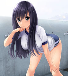 Rule 34 | 1girl, bare legs, bent over, black hair, blue buruma, blue eyes, breasts, buruma, closed mouth, crack, cracked wall, feet out of frame, fountain, frown, gym uniform, hair between eyes, hand on own knee, hanging breasts, highres, legs apart, long hair, looking at viewer, medium breasts, nonaka ritsu, original, shirt, short sleeves, solo, t-shirt, wet, wiping face
