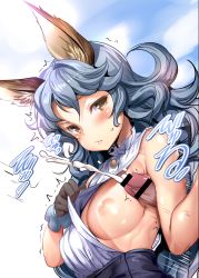 Rule 34 | 10s, 1girl, ajishio, animal ears, armpit sex, armpits, bar censor, blue hair, blush, breast slip, breasts, brown eyes, rabbit ears, censored, commentary request, cum, ejaculation, erune, ferry (granblue fantasy), frottage, gloves, granblue fantasy, hetero, long hair, nipples, no bra, one breast out, penis, simple background, sleeveless, small breasts, solo focus, sweat, white background