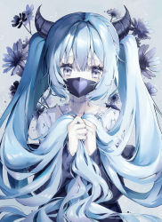 Rule 34 | 00nanona, 1girl, absurdres, aqua hair, blue flower, blue jacket, flower, hatsune miku, highres, holding, holding hair, horns, jacket, long hair, looking at viewer, mask, mouth mask, patch, shirt, solo, tearing up, twintails, very long hair, vocaloid, white shirt