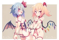 Rule 34 | 2girls, ass, back, bare arms, bare shoulders, bat wings, bdsm, blonde hair, blue hair, blush, bondage, bondage outfit, bound, bound wrists, breasts, closed mouth, collar, cowboy shot, cuffs, flandre scarlet, fuukadia (narcolepsy), grey background, hair ribbon, looking at viewer, looking back, medium hair, multiple girls, one side up, open mouth, profile, red collar, red eyes, red ribbon, remilia scarlet, restrained, revealing clothes, ribbon, siblings, sisters, small breasts, standing, sweat, touhou, two-tone background, white background, wings
