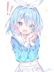 Rule 34 | !, !!, 1girl, arona (blue archive), blue archive, blue eyes, blue hair, blue pupils, blue shirt, bow hairband, choker, colored inner hair, commentary request, hair ribbon, hairband, highres, light blue hair, long sleeves, looking at viewer, midriff, mismatched pupils, multicolored hair, navel, open mouth, own hands together, pink hair, pink pupils, puffy long sleeves, puffy sleeves, ribbon, sailor collar, sailor shirt, school uniform, serafuku, shirt, signature, solo, sparkle, two-tone hair, upper body, white background, white choker, white hairband, white ribbon, white sailor collar, zuu (qq770463651)