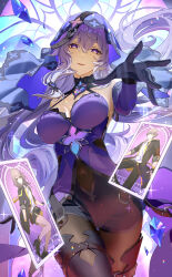 Rule 34 | 1boy, 2girls, absurdres, arm belt, bare shoulders, bibi (obb spl), black pantyhose, black swan (honkai: star rail), boots, breasts, caelus (honkai: star rail), character print, covered navel, cowboy shot, crossed legs, crystal, dress, elbow gloves, floating card, floating hair, gloves, high-waist shorts, highres, honkai: star rail, honkai (series), large breasts, long hair, looking at object, multiple girls, outstretched arm, pantyhose, parted lips, purple dress, purple eyes, purple gloves, purple hair, purple veil, shorts, sleeveless, sleeveless dress, solo, sparkle, stelle (honkai: star rail), tarot, tarot (card), thigh boots, thigh gap, trailblazer (honkai: star rail), watson cross