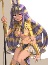 Rule 34 | 1girl, animal ears, arm support, blonde hair, bracelet, breasts, chibirisu, cleavage, dark-skinned female, dark skin, earrings, egyptian, egyptian clothes, facial mark, fate/grand order, fate (series), hair tubes, hairband, highres, holding, holding staff, hoop earrings, jewelry, knees together feet apart, legband, loincloth, long hair, medium breasts, midriff, multicolored hair, navel, nitocris (fate), nitocris (third ascension) (fate), open mouth, purple eyes, purple hair, rabbit ears, sitting, smile, solo, staff, two-tone hair, vambraces, very long hair
