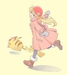 Rule 34 | 1girl, :d, blonde hair, boots, brown footwear, buttons, clothed pokemon, coat, commentary request, creatures (company), flower, game freak, gen 1 pokemon, grey mittens, grey pants, hat, hat flower, highres, leg up, long hair, long sleeves, mittens, nintendo, open mouth, pants, pikachu, pink coat, pink flower, pink headwear, pokemon, pokemon (creature), pokemon adventures, sannomushi, smile, standing, standing on one leg, yellow (pokemon)