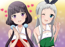 Rule 34 | 1boy, 1girl, ;3, ;d, bare shoulders, black hair, blend s, blunt bangs, blush, christmas, crop top, detached collar, fur trim, green eyes, hairband, heart, highres, kanzaki hideri, looking at viewer, low twintails, one eye closed, open mouth, own hands clasped, own hands together, pom pom (clothes), purple eyes, sakuranomiya maika, silver hair, smile, star (symbol), strapless, trap, tube top, twintails, upper body, vzmk2
