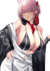 Rule 34 | 1girl, absurdres, bare shoulders, between breasts, blue archive, blush, breasts, commentary request, eimi (blue archive), halo, headphones, headphones around neck, highres, large breasts, long sleeves, namazu (yamasonson), navel, necktie, off shoulder, open mouth, partial commentary, pink hair, purple eyes, red necktie, sideboob, solo, white background