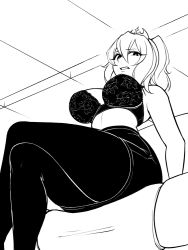 Rule 34 | 1girl, abigail (monorus), bra, breasts, commentary, crossed legs, crown, english commentary, from below, greyscale, hair between eyes, inktober, large breasts, looking at viewer, monochrome, monorus, monster girl encyclopedia, no shirt, pantyhose, parted lips, sitting, skirt, solo, thighs, tiara, underwear, wight (monster girl encyclopedia)