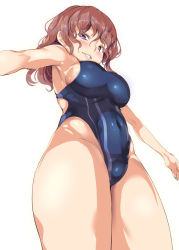 Rule 34 | 1girl, breasts, brown hair, competition swimsuit, from below, long hair, medium breasts, one-piece swimsuit, original, parted lips, pink eyes, standing, swimsuit, usyuuri, wavy hair