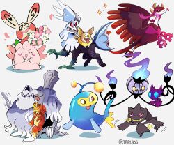 Rule 34 | animal focus, antennae, artist name, banette, blue skin, chandelure, clefable, closed eyes, colored skin, commentary, creatures (company), dachsbun, dog, fangs, fezandipiti, fire, floating, game freak, gen 1 pokemon, gen 2 pokemon, gen 3 pokemon, gen 5 pokemon, gen 7 pokemon, gen 8 pokemon, grey fur, grin, head wreath, highres, houndstone, lanturn, legendary pokemon, nintendo, no humans, open mouth, pink skin, poke ball, pokemon, pokemon (creature), purple fire, red eyes, sableye, silvally, simple background, sitting, skin fangs, smile, spinda, tail, taplaos, teeth, tombstone, tongue, tongue out, twitter username, white background, wings, yamper, yellow eyes