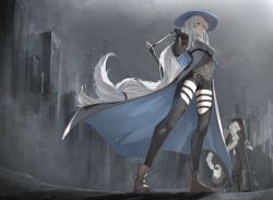 Rule 34 | 2girls, arknights, black dress, black gloves, black pants, boots, braid, braided ponytail, breasts, brown footwear, buttons, cityscape, closed mouth, clothing cutout, commentary, double-breasted, dress, english commentary, full body, gloves, glowing, glowing eyes, grey cloak, grey shirt, grey sky, hat, highres, long hair, low-tied long hair, medium breasts, multiple girls, outdoors, pants, red eyes, shirt, silver hair, skadi (arknights), sky, specter (arknights), standing, suiiryu, sword, thigh cutout, thigh strap, thighs, very long hair, weapon, weapon on back