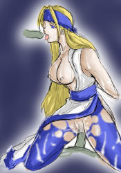 Rule 34 | 1girl, arms behind back, bakumatsu rouman, blonde hair, blue eyes, breasts, breasts out, censored, cum, disembodied penis, facial, girl on top, headband, japanese clothes, jonylaser, jrh, kneeling, long hair, mosaic censoring, nipples, pantyhose, penis, sex, sketch, snk, solo, solo focus, source request, sweat, tongue, tongue out, torn clothes, torn legwear, torn pantyhose, vaginal, yuki (last blade)