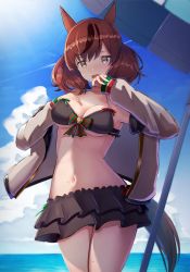 Rule 34 | 1girl, alternate costume, animal ears, bikini, black bikini, blush, breasts, brown eyes, brown hair, cardigan, cleavage, covering own mouth, hand on own chest, highres, horse ears, horse girl, horse tail, kodoneri (user quk1118), looking at viewer, medium breasts, medium hair, multicolored hair, navel, nice nature (umamusume), open cardigan, open clothes, open mouth, solo, streaked hair, sweater, swimsuit, tail, twintails, umamusume, white sweater