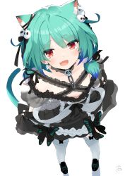 Rule 34 | 1girl, animal ears, arms at sides, black choker, black dress, black footwear, black ribbon, bug, butterfly, cat ears, choker, collarbone, colored tips, commentary request, dress, fang, flat chest, frilled dress, frilled thighhighs, frills, from above, ghost earrings, green hair, hair ornament, hair ribbon, highres, hololive, insect, lace, lace choker, looking at viewer, looking up, medium hair, multicolored hair, nejime, off-shoulder dress, off shoulder, open mouth, red eyes, ribbon, see-through, see-through sleeves, short dress, short eyebrows, short twintails, sidelocks, signature, simple background, skin fang, skull hair ornament, solo, thighhighs, twintails, uruha rushia, uruha rushia (3rd costume), virtual youtuber, white background, white thighhighs