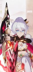 Rule 34 | 1girl, 2023, ahoge, blue eyes, chinese clothes, highres, holding, holding sword, holding weapon, honkai (series), honkai impact 3rd, kiana kaslana, kiana kaslana (herrscher of flamescion), kneeling, midriff, official alternate costume, official art, official wallpaper, open mouth, solo, solo focus, sword, weapon, white background, white hair