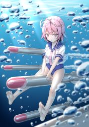 Rule 34 | 10s, 1girl, :o, ahoge, air bubble, barefoot, blurry, blush, bubble, depth of field, feet, hair ornament, highres, i-58 (kancolle), kantai collection, light rays, mitarai eriya, open mouth, pink eyes, pink hair, riding, school swimsuit, school uniform, serafuku, short hair, soles, solo, sunbeam, sunlight, swimsuit, swimsuit under clothes, toes, torpedo, type 95 torpedo, underwater