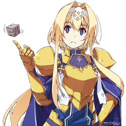 Rule 34 | 1girl, alice zuberg, armor, blonde hair, blue cape, blue dress, blue eyes, blush, breastplate, cape, closed mouth, commentary request, dated, dot nose, dress, frown, gold armor, hair intakes, hairband, hand on own hip, hand up, highres, index finger raised, long hair, looking at viewer, pauldrons, revision, shikei, short hair with long locks, shoulder armor, sidelocks, signature, simple background, solo, sword art online, upper body, white background