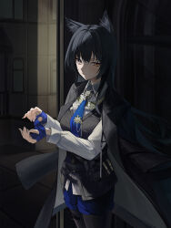 Rule 34 | 1girl, adjusting clothes, adjusting gloves, animal ear fluff, animal ears, arknights, black hair, black jacket, black pantyhose, black vest, blue gloves, blue necktie, blue shorts, breasts, brown eyes, closed mouth, collared shirt, commentary request, gloves, hair between eyes, half-closed eye, hands up, indoors, jacket, jacket on shoulders, long hair, long sleeves, looking at viewer, medium breasts, necktie, pantyhose, pantyhose under shorts, puffy long sleeves, puffy sleeves, shirt, short shorts, shorts, solo, standing, texas (arknights), texas the omertosa (arknights), uneven eyes, very long hair, vest, white shirt, winterflower