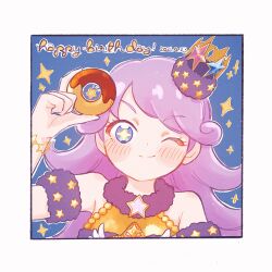 Rule 34 | 1girl, ;), bare shoulders, blue eyes, border, closed mouth, commentary request, crown, dated, doughnut, food, hand up, happy birthday, highres, holding, holding food, kiratto pri chan, long hair, looking at viewer, one eye closed, poro (pweedro), pretty series, purple hair, shido mel, smile, solo, sparkle, star (symbol), upper body, white border