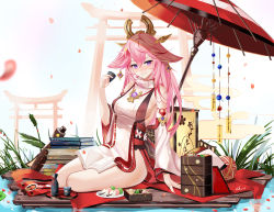 Rule 34 | 1girl, absurdres, animal ears, anklet, arm support, bare legs, bare shoulders, blanket, blurry, blush, book, book stack, bottle, breasts, cherry blossoms, choko (cup), commentary request, cup, dango, day, detached sleeves, earrings, fingernails, floppy ears, food, fox ears, fox girl, full body, genshin impact, grass, hair between eyes, hair ornament, highres, holding, holding cup, japanese clothes, jewelry, long hair, looking at viewer, low-tied long hair, medium breasts, miko, multiple torii, open book, outdoors, parted lips, pendant, petals, pink hair, plate, priestess, purple eyes, sabou san-shitsu kokoro, sanshoku dango, sideboob, sitting, skewer, smile, thighs, torii, umbrella, vision (genshin impact), wagashi, water, white background, wide sleeves, yae miko, yokozuwari